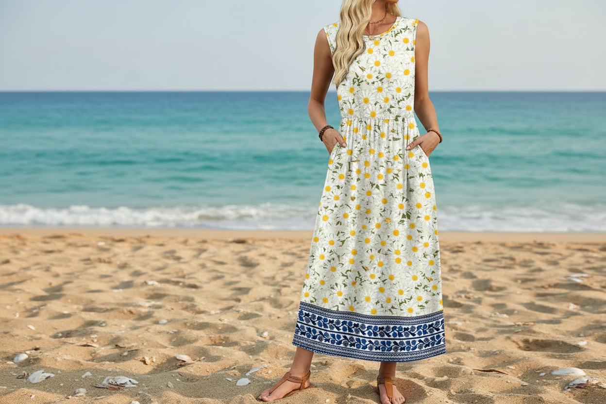 Women's Sleeveless Flowy A-Line Maxi Dress with Pockets