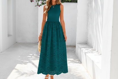 Women's Sleeveless Cotton A-Line Maxi Dress with Pockets