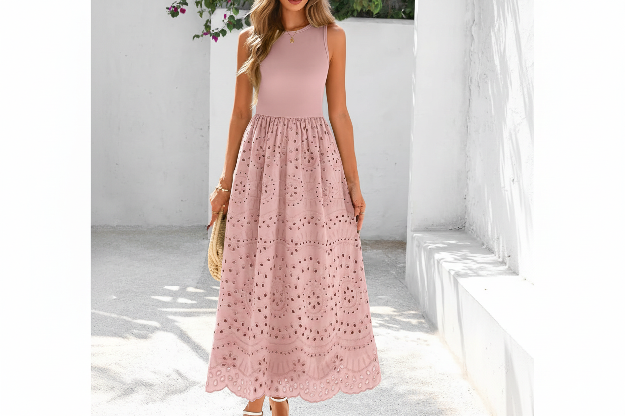 Women's Sleeveless Cotton A-Line Maxi Dress with Pockets