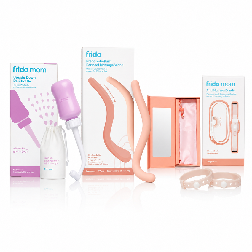 Frida Mom Pregnancy, Birth Prep & Postpartum Care Bundle – Peri Bottle, Massage Wand & Anti-Nausea Bands