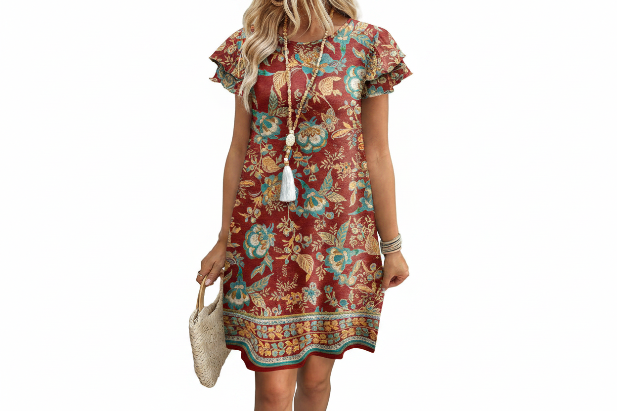 Women's Ruffle Sleeve Swing Sundress with Pockets