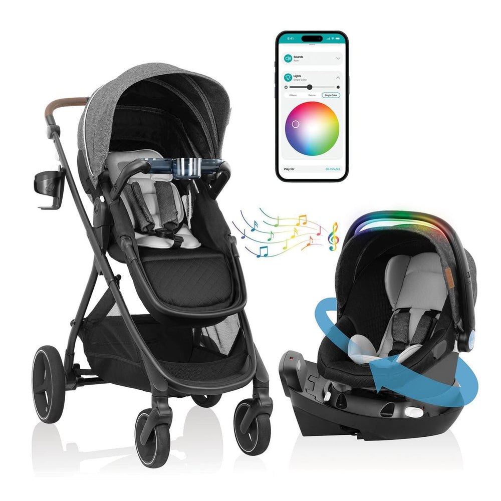 Evenflo Shyft Intuiti+ Stroller Travel System + Revolve180 LiteMax NXT with SensorySoothe - Angler Tweed
