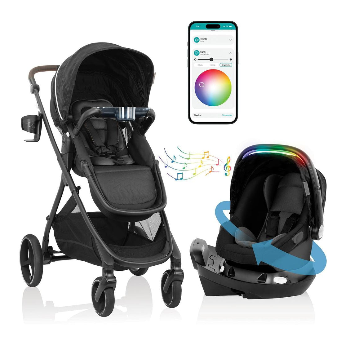 Evenflo Shyft Intuiti+ Stroller Travel System + Revolve180 LiteMax NXT with SensorySoothe - Dubhan Black