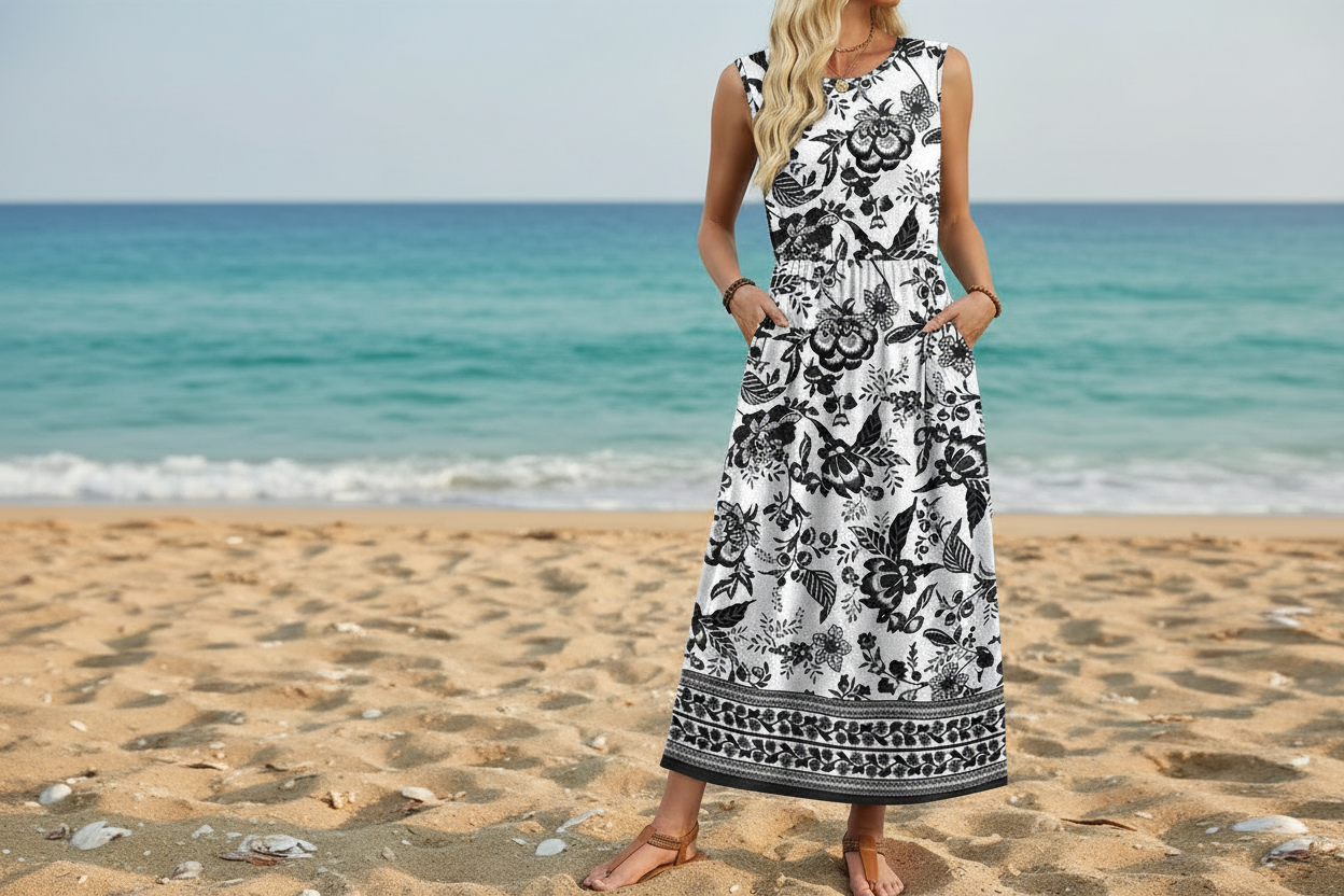 Women's Sleeveless Flowy A-Line Maxi Dress with Pockets