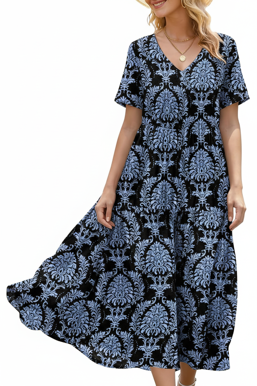 Women's Floral V-Neck Boho Maxi Dress with Pockets