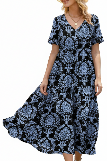 Women's Floral V-Neck Boho Maxi Dress with Pockets