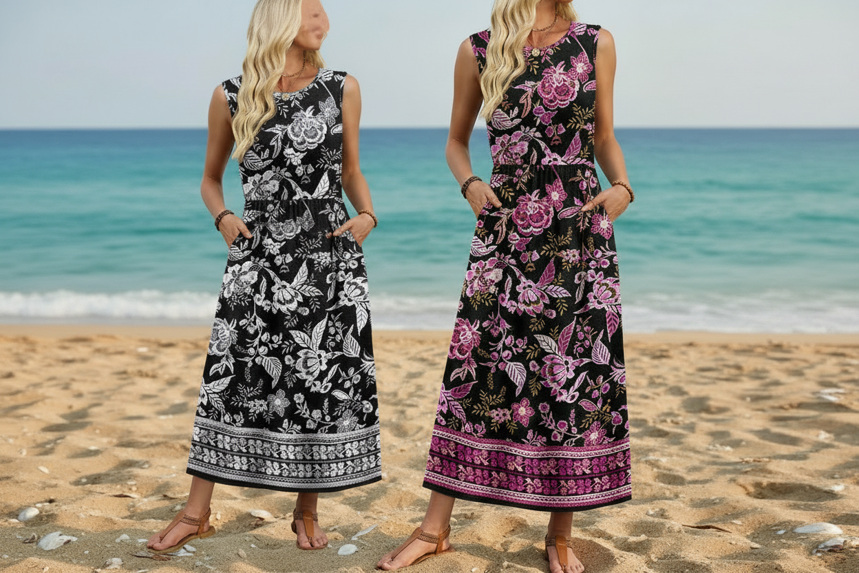 Women's Sleeveless Flowy A-Line Maxi Dress with Pockets