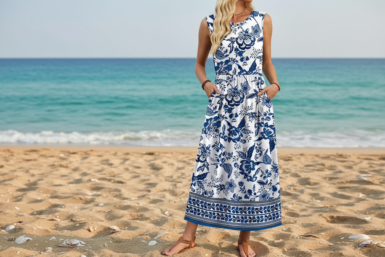 Women's Sleeveless Flowy A-Line Maxi Dress with Pockets