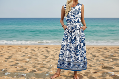Women's Sleeveless Flowy A-Line Maxi Dress with Pockets