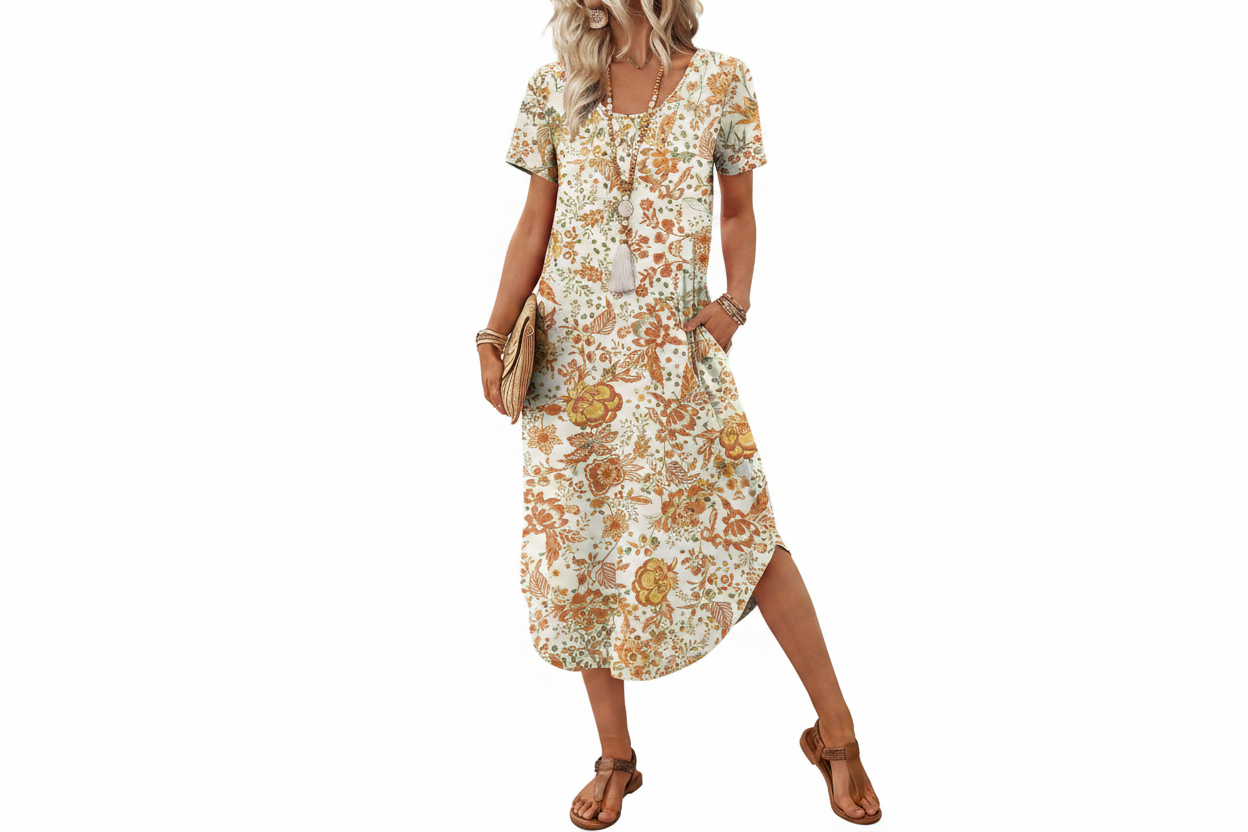 Women's Casual Midi T-Shirt Dress with Pockets