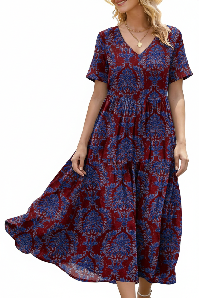 Women's Floral V-Neck Boho Maxi Dress with Pockets