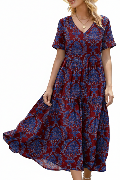 Women's Floral V-Neck Boho Maxi Dress with Pockets