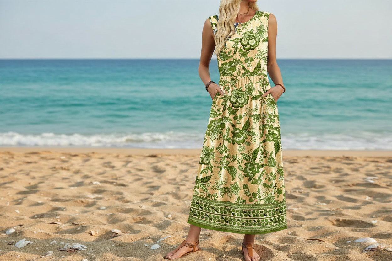 Women's Sleeveless Flowy A-Line Maxi Dress with Pockets