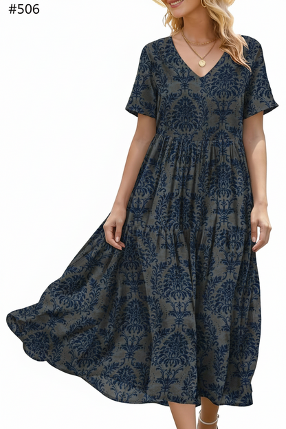 Women's Floral V-Neck Boho Maxi Dress with Pockets