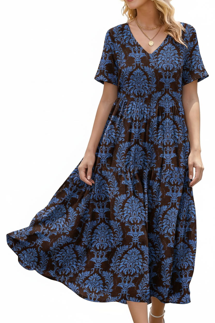 Women's Floral V-Neck Boho Maxi Dress with Pockets