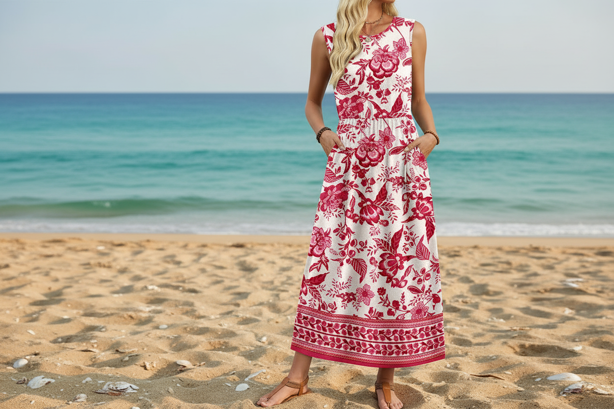 Women's Sleeveless Flowy A-Line Maxi Dress with Pockets