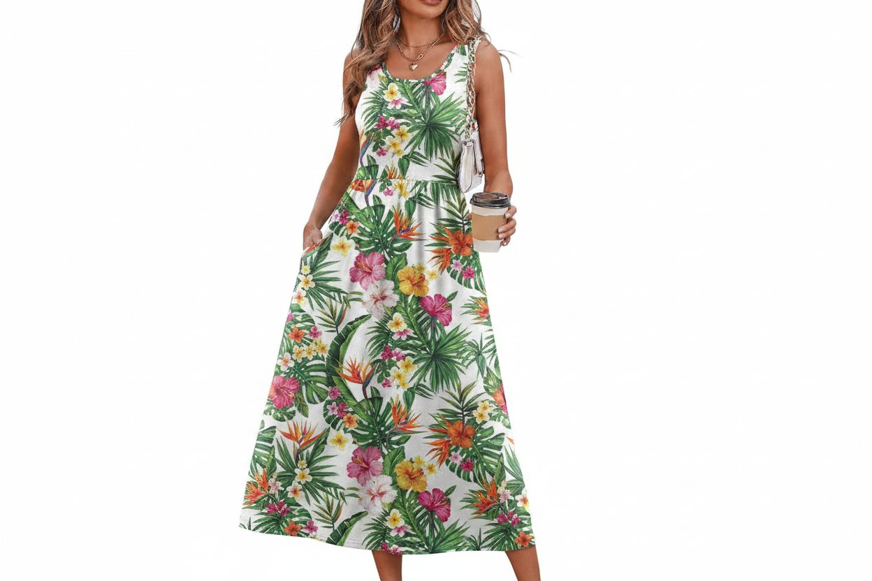 Women's Flowy Casual Midi Dress with Pockets