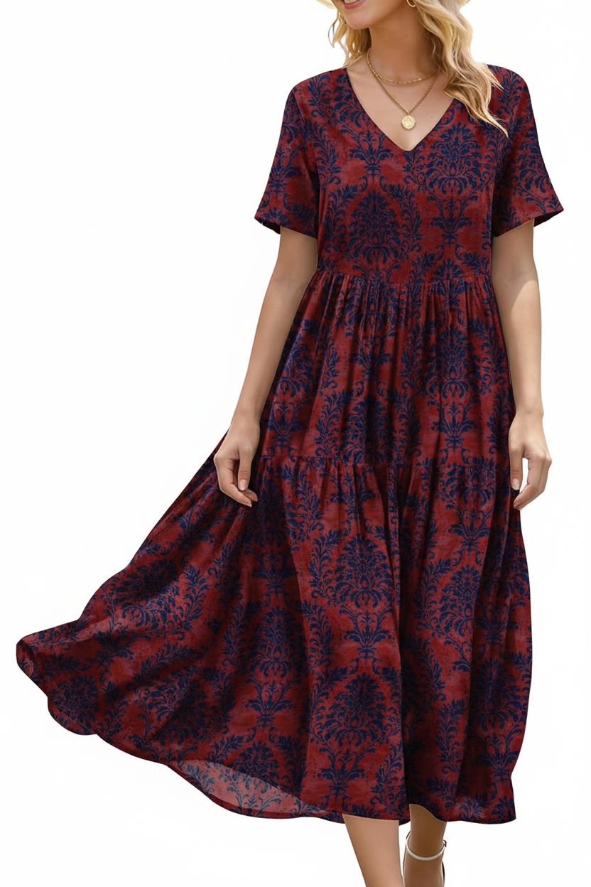 Women's Floral V-Neck Boho Maxi Dress with Pockets