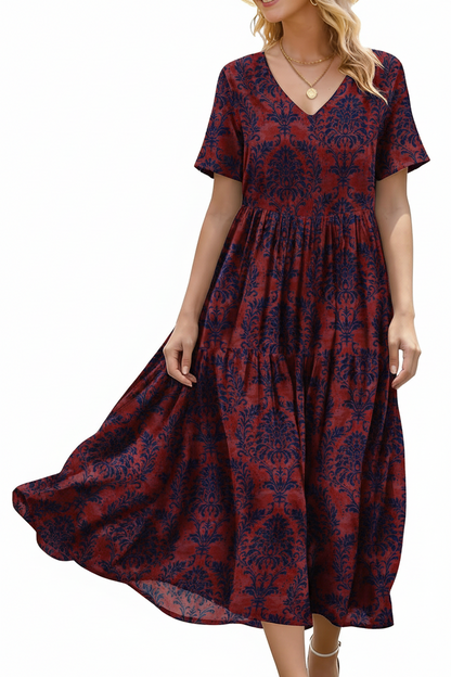Women's Floral V-Neck Boho Maxi Dress with Pockets