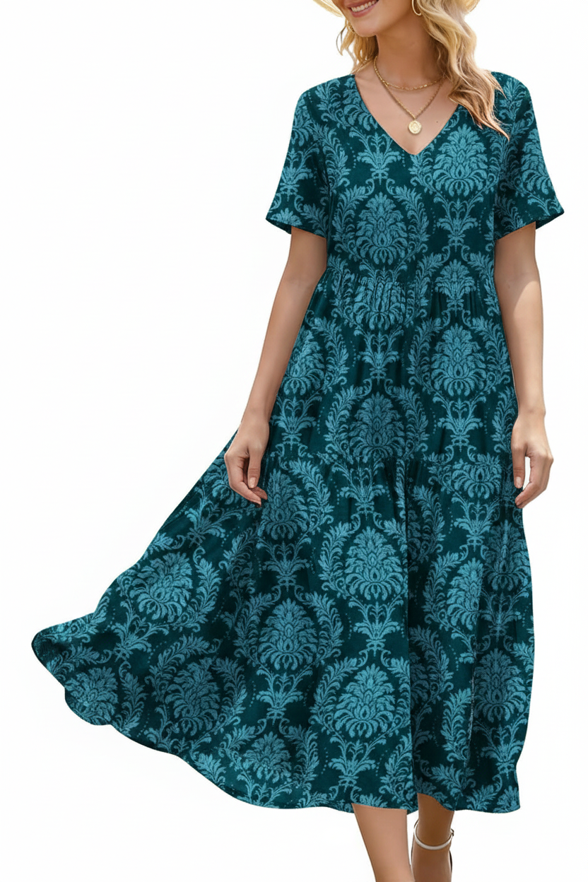Women's Floral V-Neck Boho Maxi Dress with Pockets