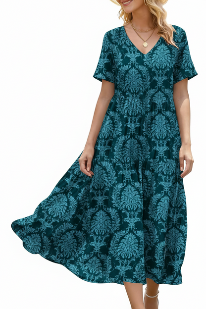 Women's Floral V-Neck Boho Maxi Dress with Pockets