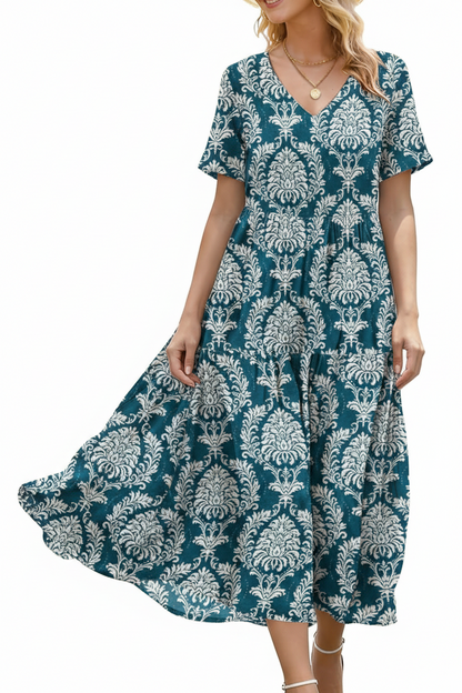 Women's Floral V-Neck Boho Maxi Dress with Pockets