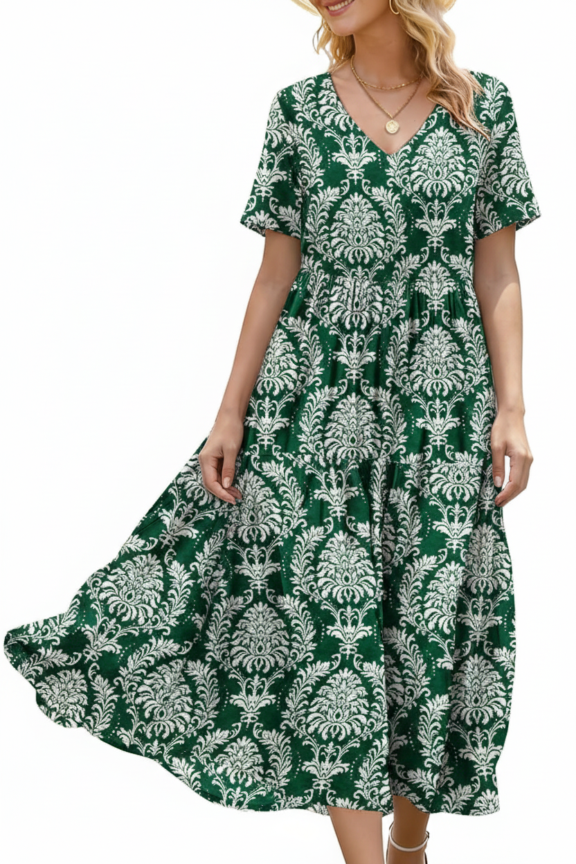 Women's Floral V-Neck Boho Maxi Dress with Pockets