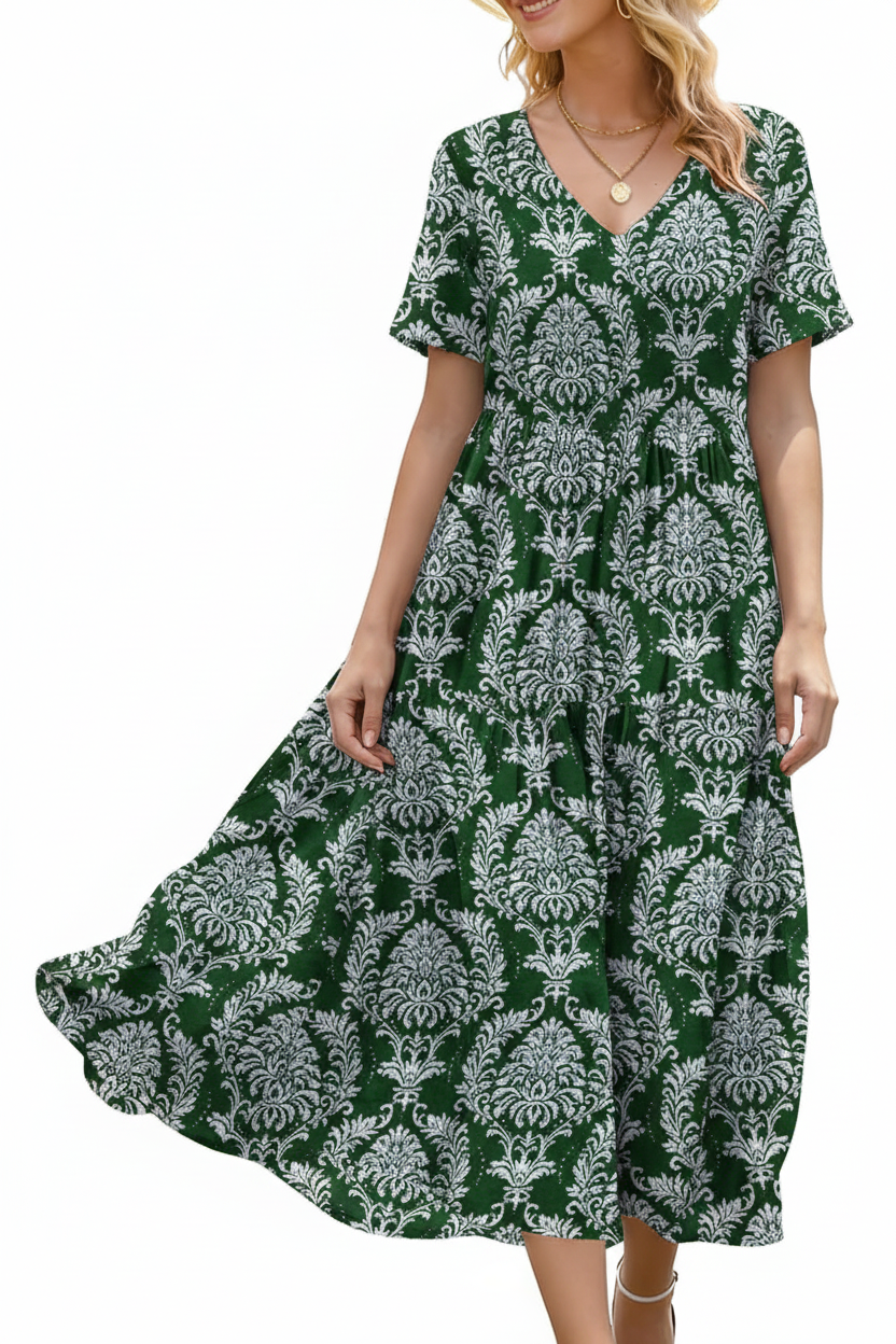 Women's Floral V-Neck Boho Maxi Dress with Pockets
