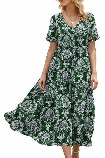 Women's Floral V-Neck Boho Maxi Dress with Pockets