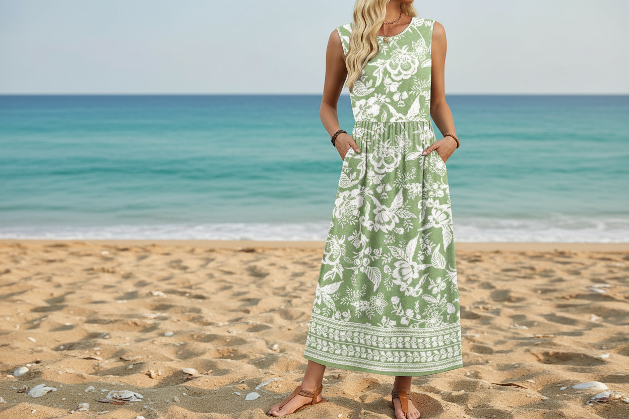 Women's Sleeveless Flowy A-Line Maxi Dress with Pockets