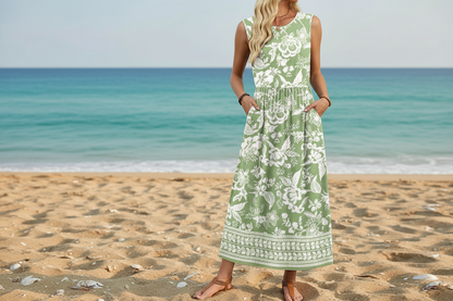 Women's Sleeveless Flowy A-Line Maxi Dress with Pockets
