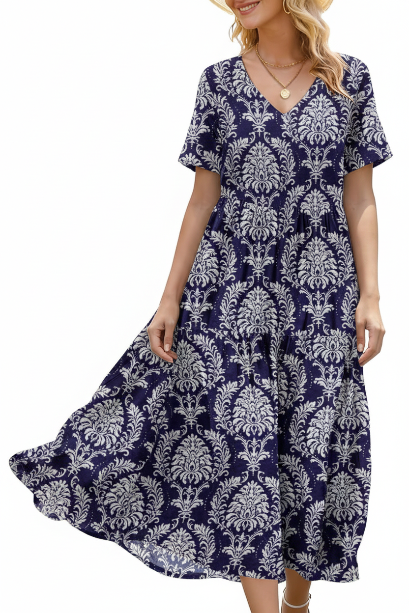 Women's Floral V-Neck Boho Maxi Dress with Pockets