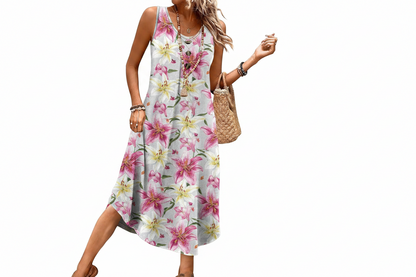 Women's Button Front Sleeveless Midi Dress with Pockets