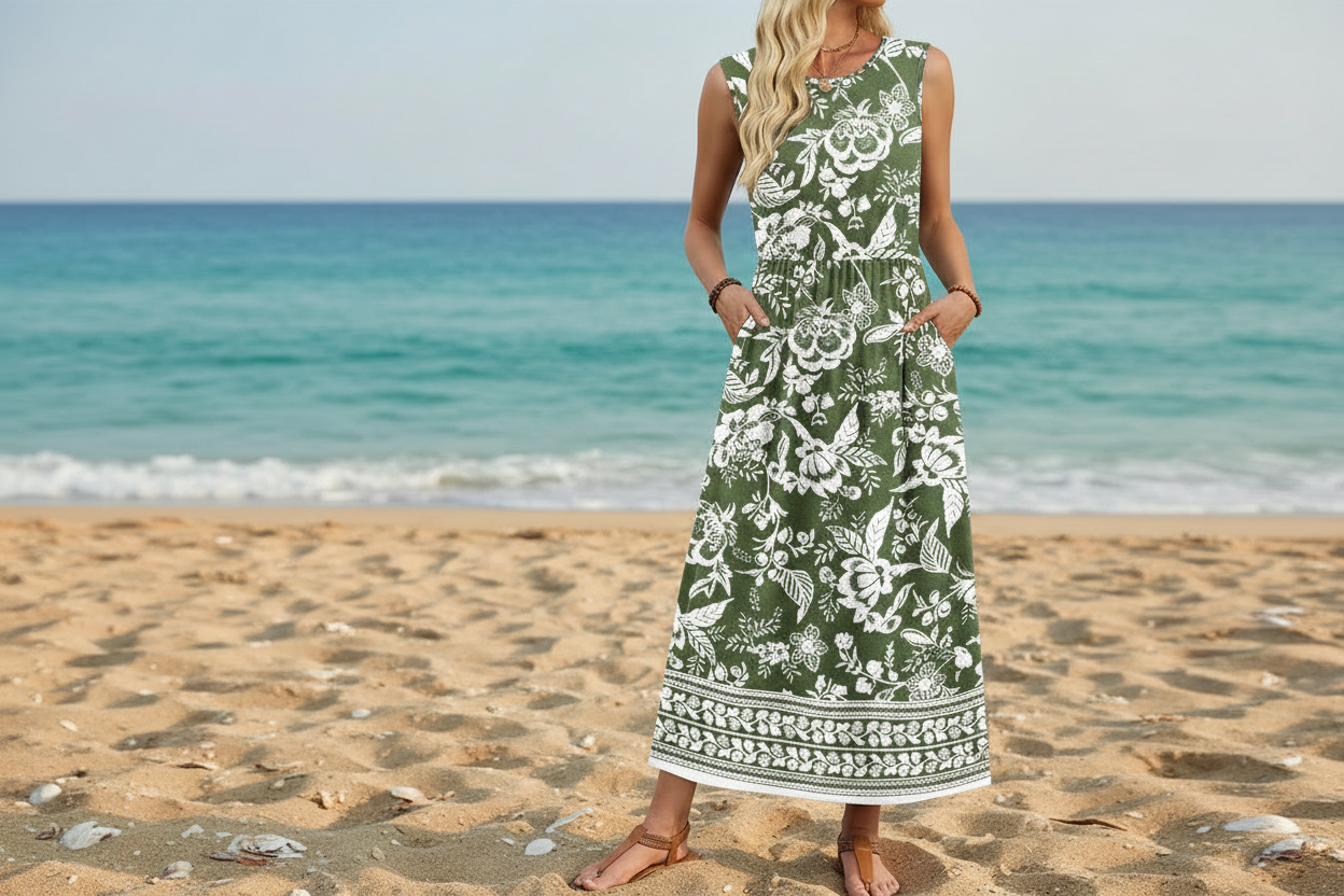 Women's Sleeveless Flowy A-Line Maxi Dress with Pockets
