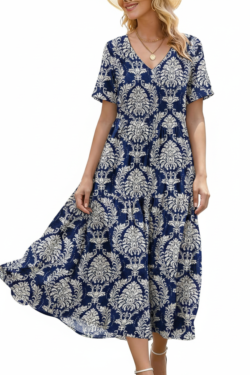 Women's Floral V-Neck Boho Maxi Dress with Pockets