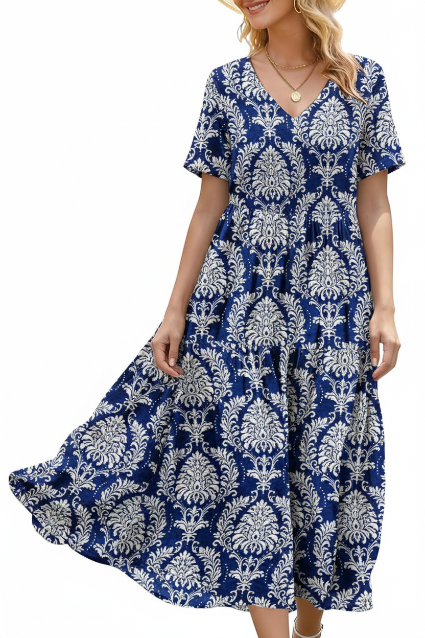 Women's Floral V-Neck Boho Maxi Dress with Pockets