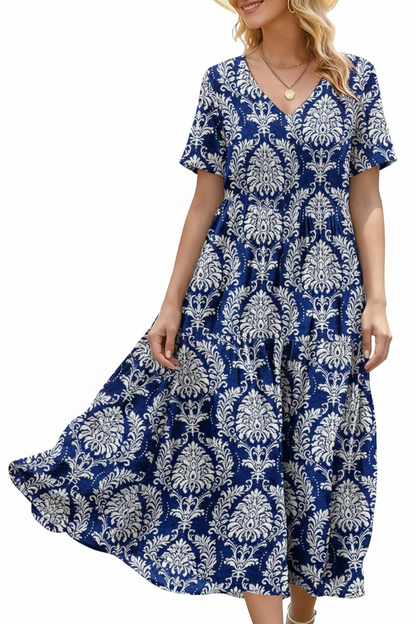 Women's Floral V-Neck Boho Maxi Dress with Pockets