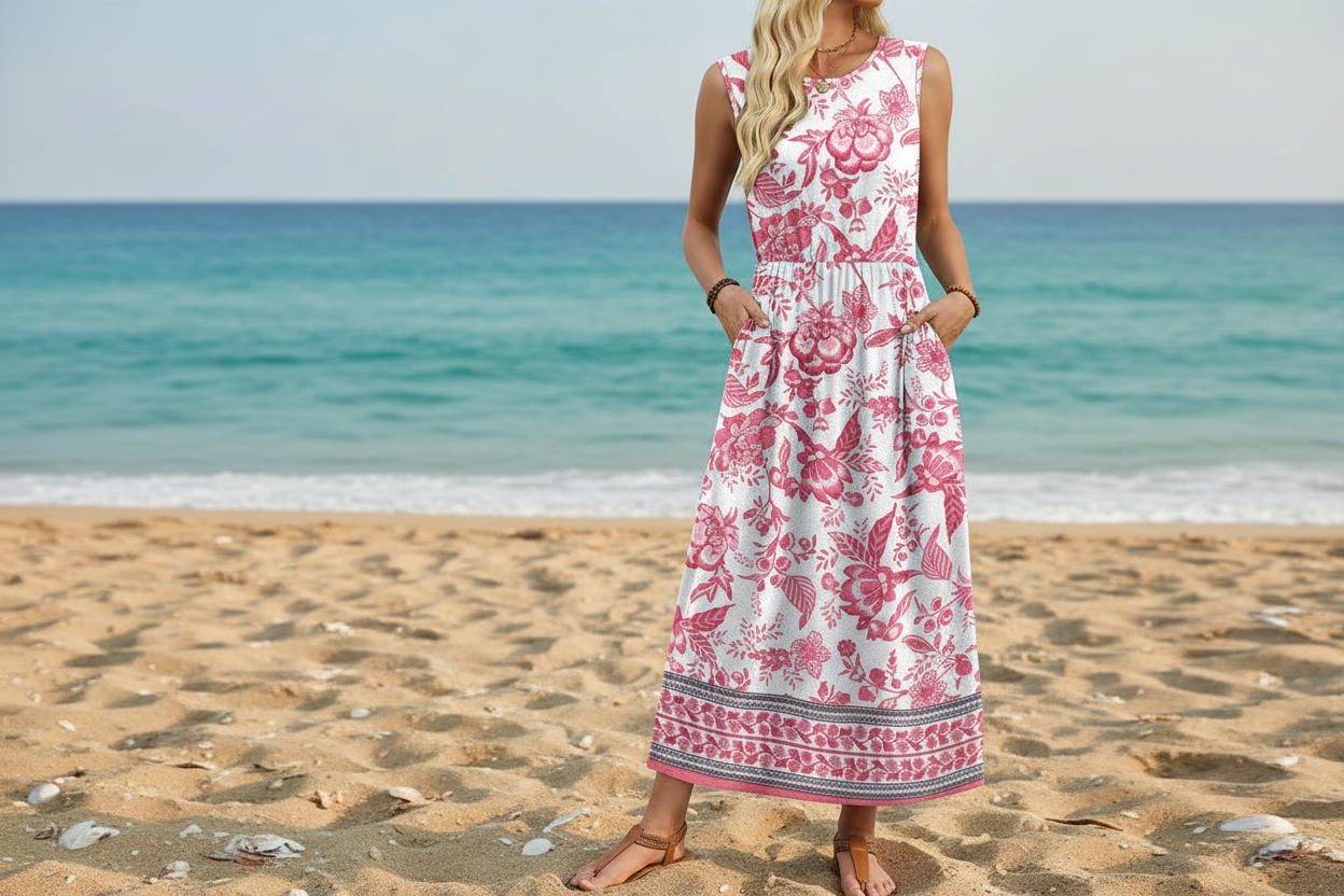 Women's Sleeveless Flowy A-Line Maxi Dress with Pockets