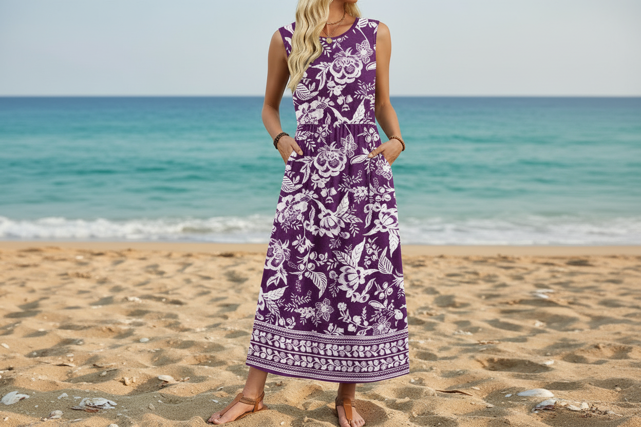 Women's Sleeveless Flowy A-Line Maxi Dress with Pockets