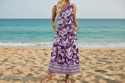 Women's Sleeveless Flowy A-Line Maxi Dress with Pockets