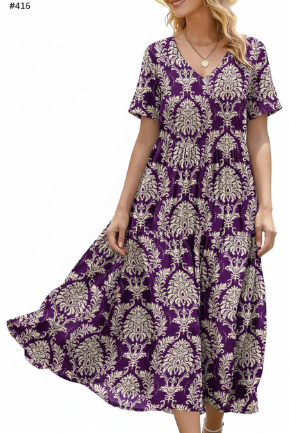 Women's Floral V-Neck Boho Maxi Dress with Pockets