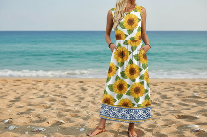 Women's Sleeveless Flowy A-Line Maxi Dress with Pockets