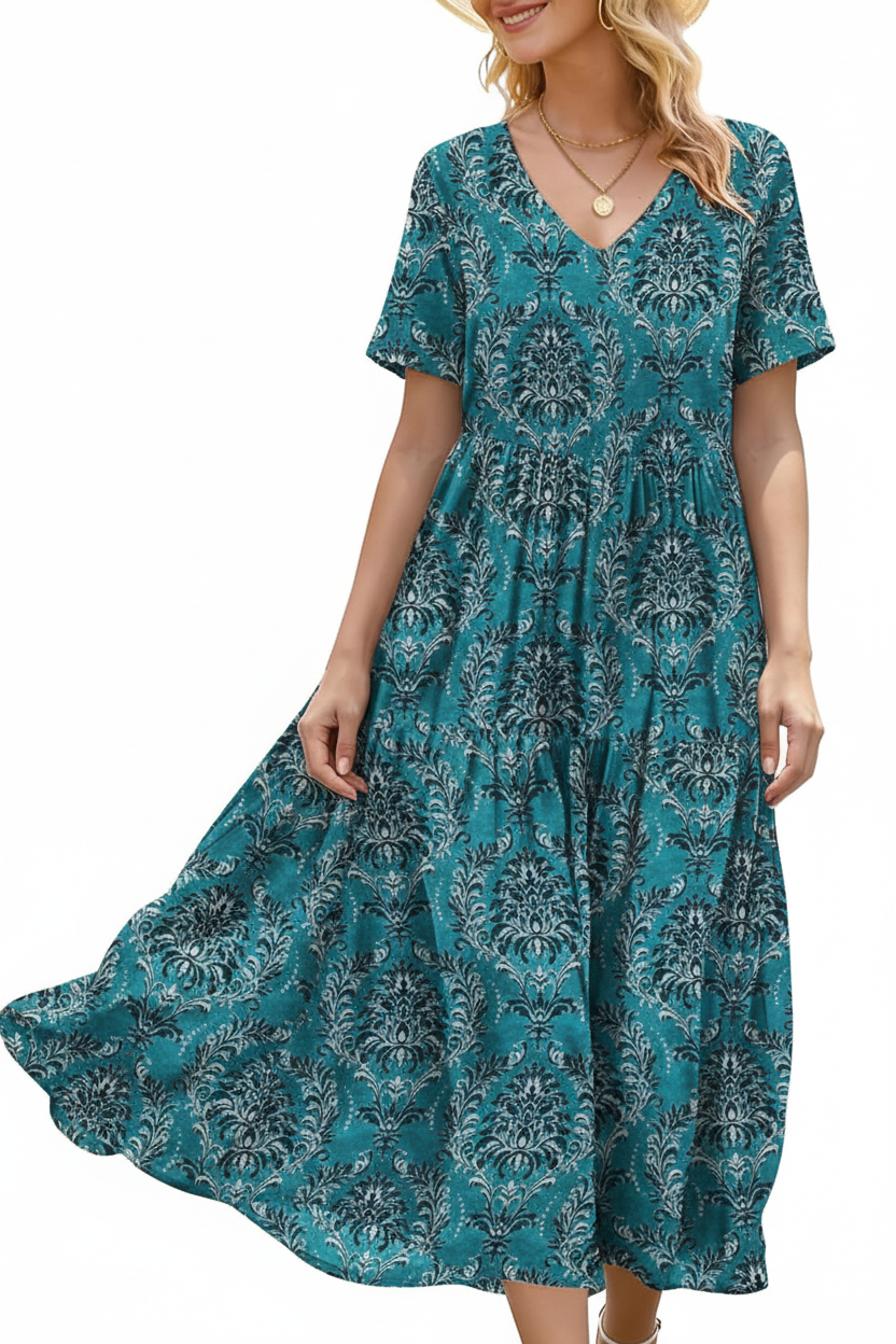 Women's Floral V-Neck Boho Maxi Dress with Pockets