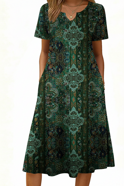 Women's Short Sleeve A-Line Midi Dress with Pockets