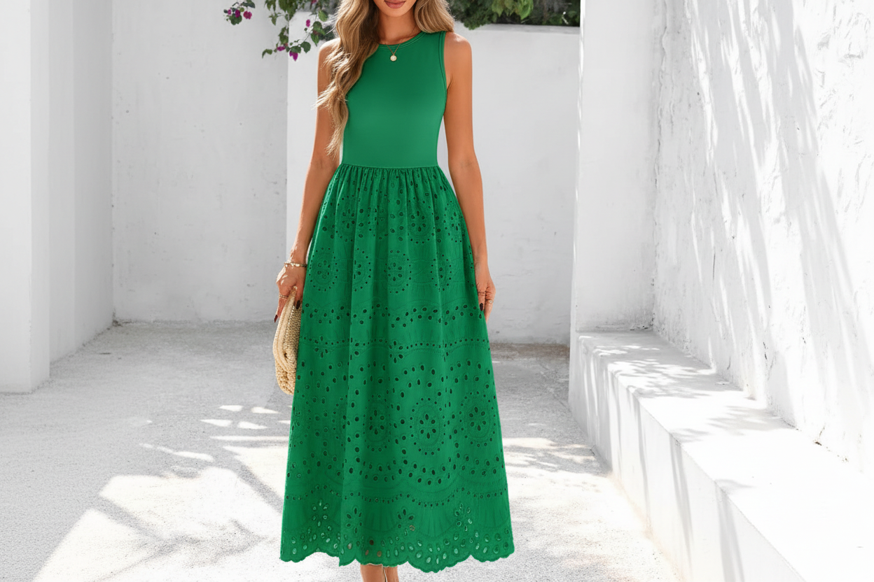 Women's Sleeveless Cotton A-Line Maxi Dress with Pockets