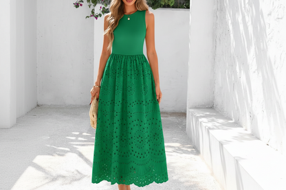 Women's Sleeveless Cotton A-Line Maxi Dress with Pockets