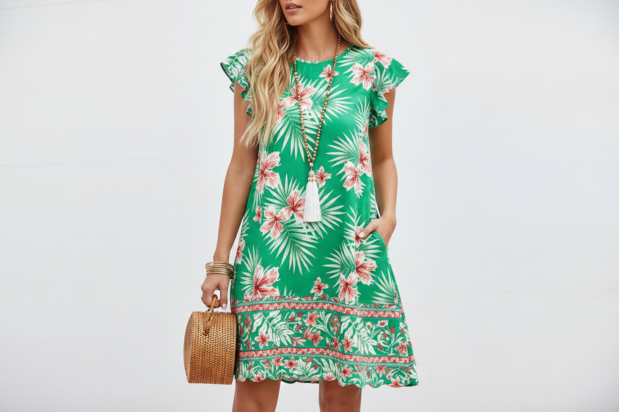 Women's Ruffle Sleeve Swing Sundress with Pockets