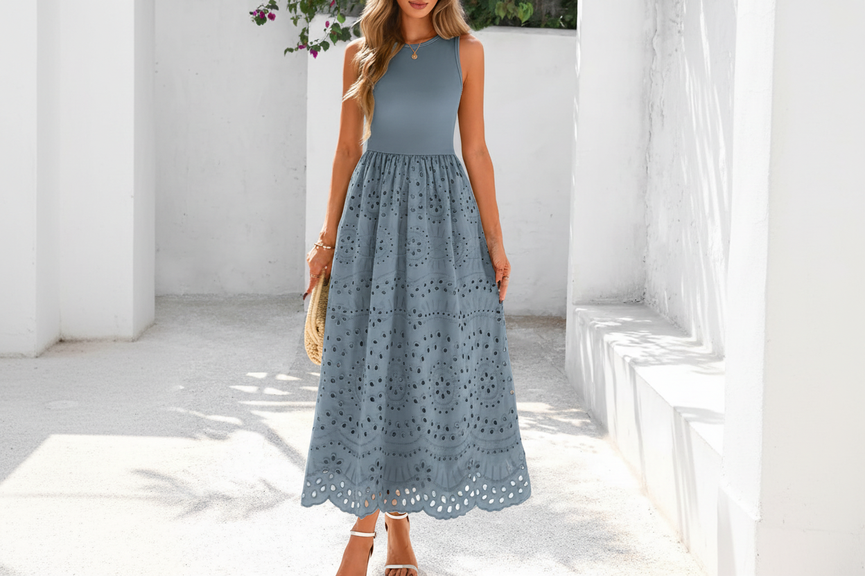 Women's Sleeveless Cotton A-Line Maxi Dress with Pockets