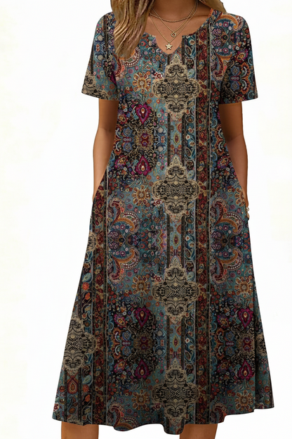 Women's Short Sleeve A-Line Midi Dress with Pockets