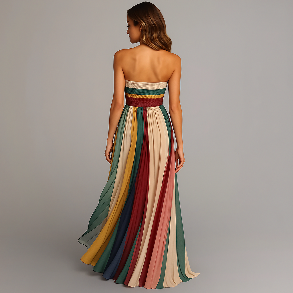 Women's Strapless Pleated Summer Maxi Dress - Colorful Boho Beach Sundress Flowy A-Line